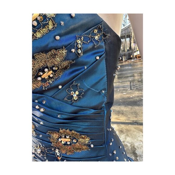 Bella Formals Satin Iridescent Blue Grad Dress Prom Fit & Flare Embellished Gold - Picture 2 of 16